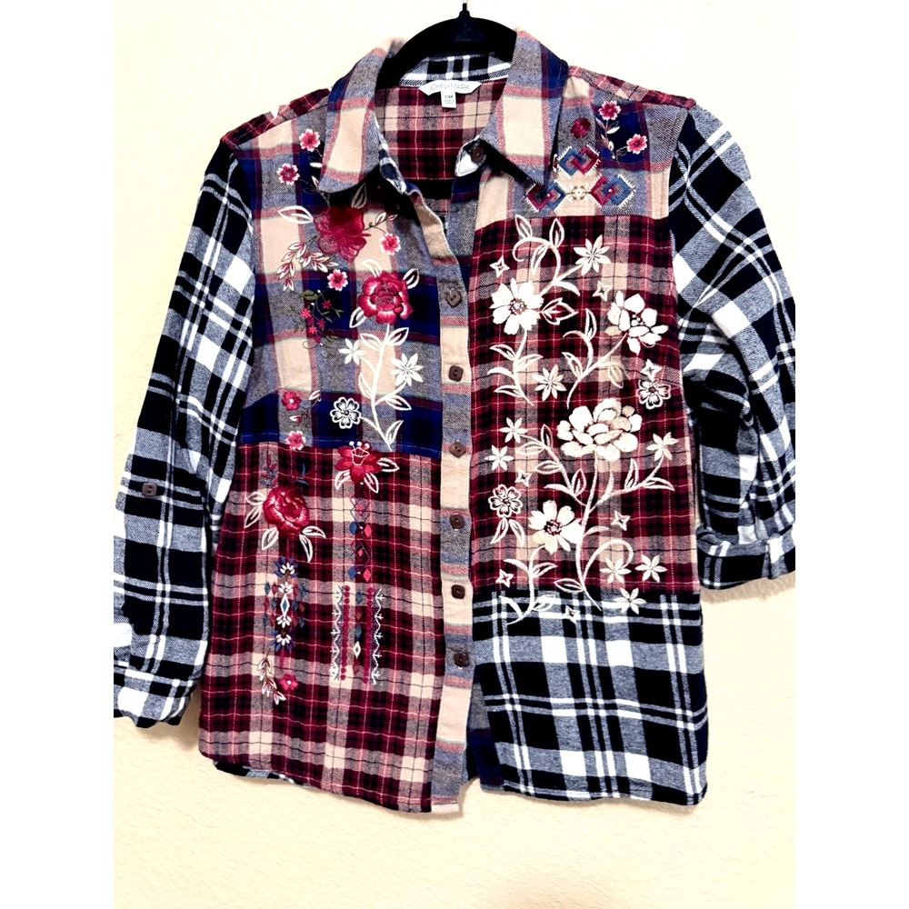 John Mark P Medium Plaid Patchwork Embroidered Button‎ Front Shirt Cotton
